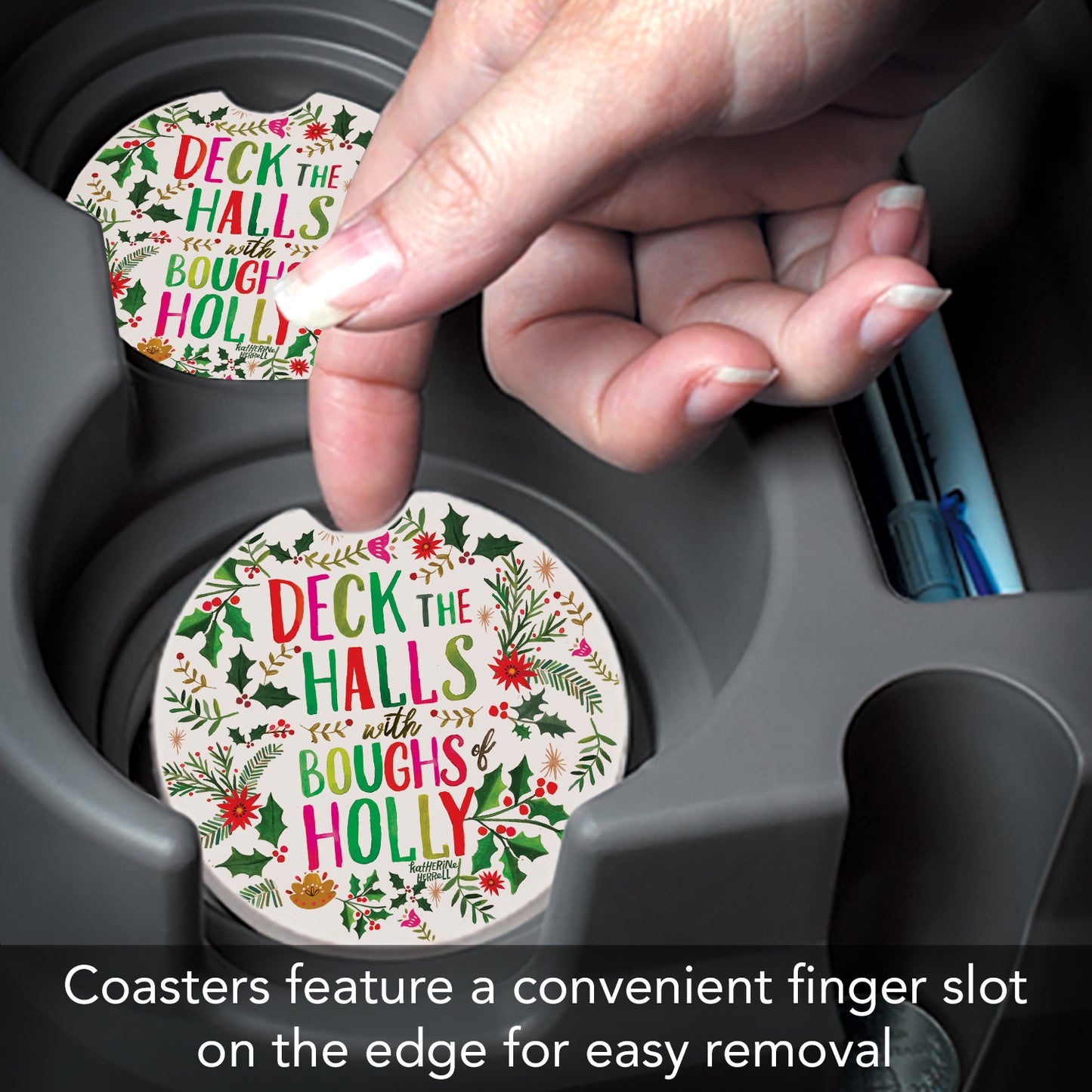 Deck the Halls 2 Pack Absorbent Stone Car Coasters 2.6" Manufactured in the USA