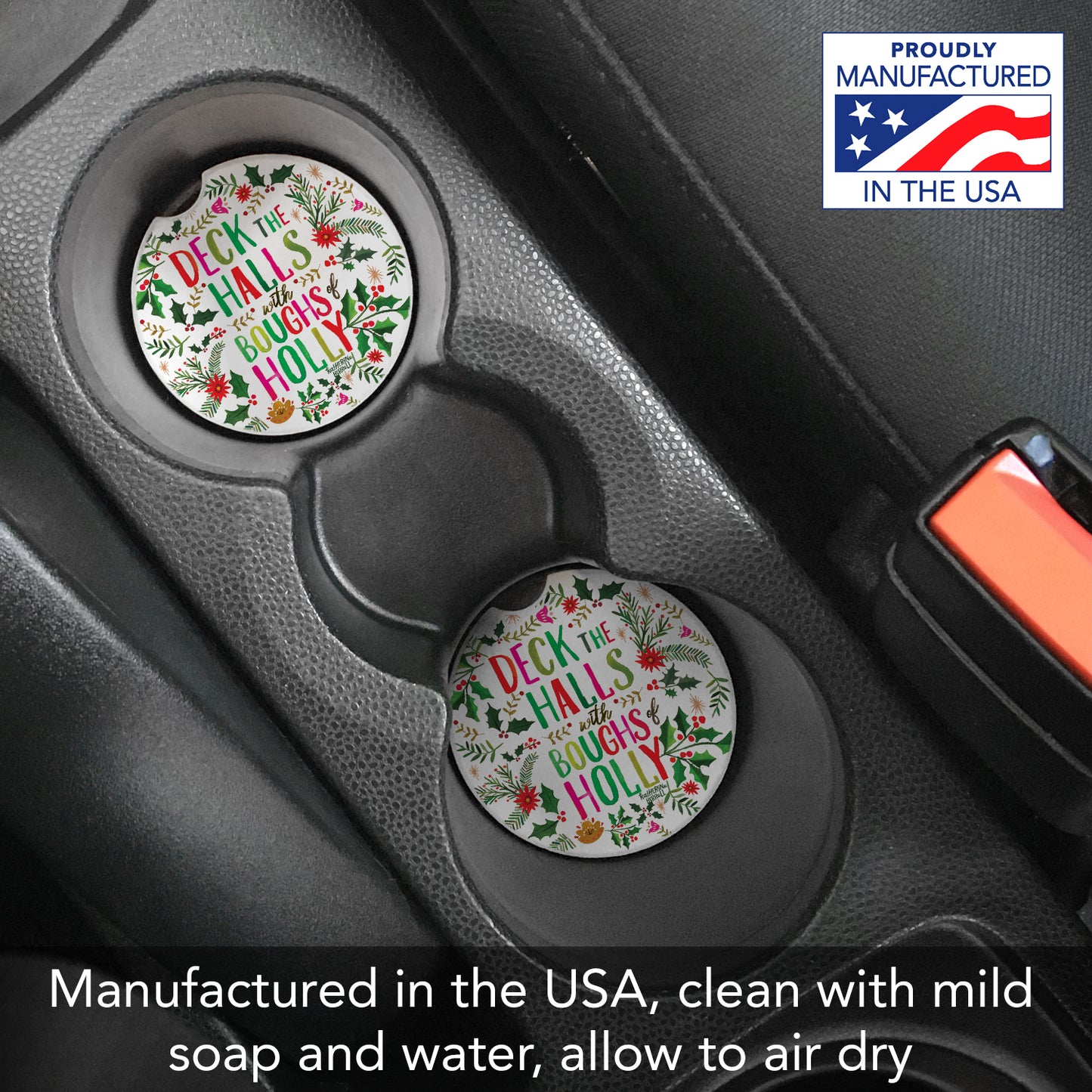 Deck the Halls 2 Pack Absorbent Stone Car Coasters 2.6" Manufactured in the USA