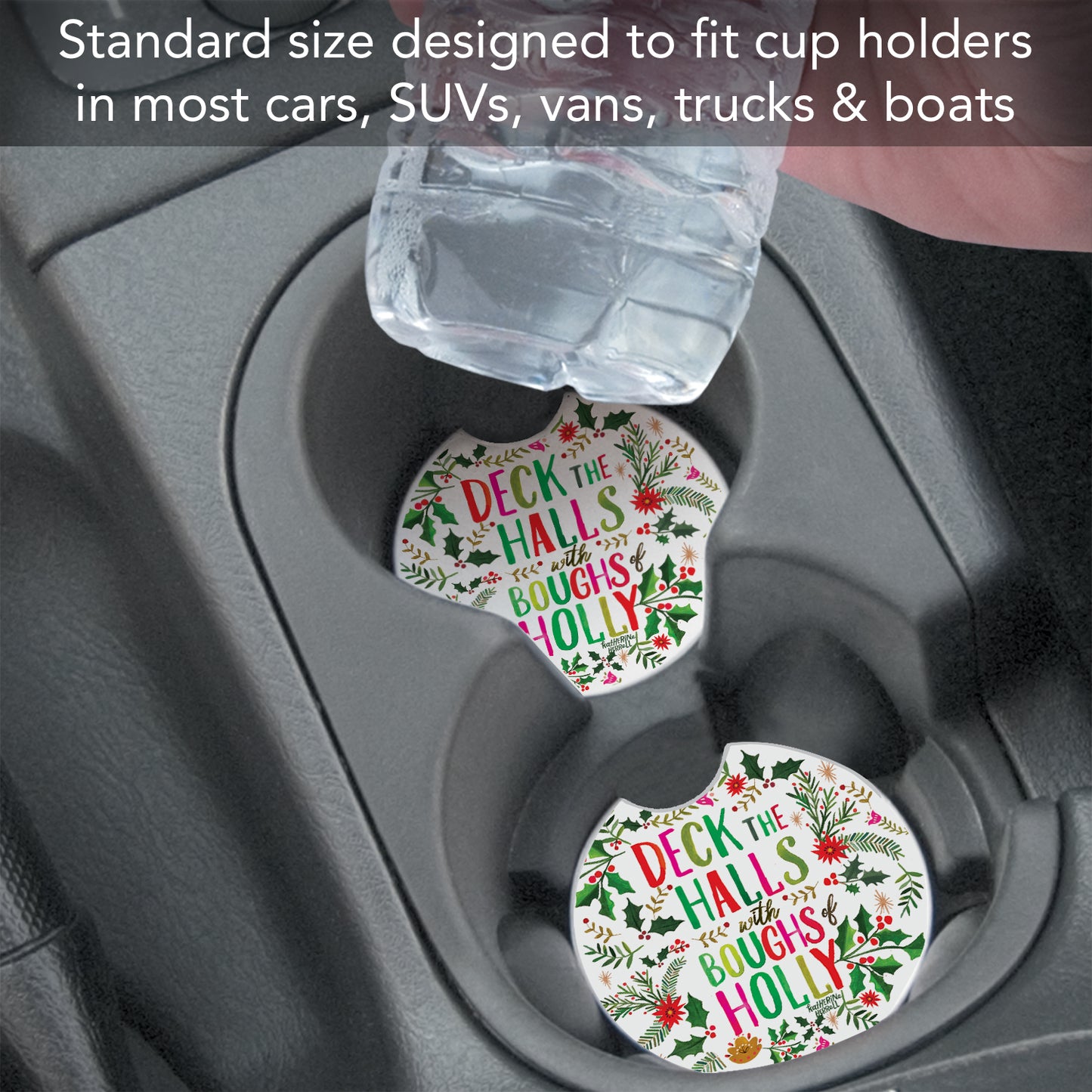 Deck the Halls 2 Pack Absorbent Stone Car Coasters 2.6" Manufactured in the USA