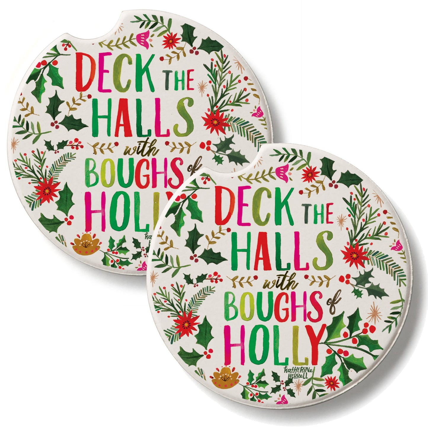 Deck the Halls 2 Pack Absorbent Stone Car Coasters 2.6" Manufactured in the USA