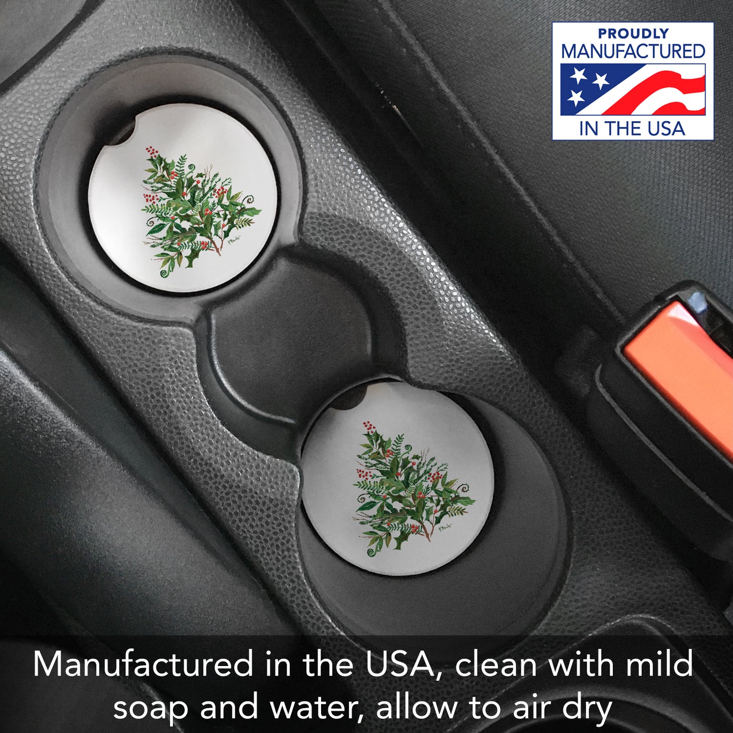 Peppermint Tree 2 Pack Absorbent Stone Car Coasters 2.6" Manufactured in the USA