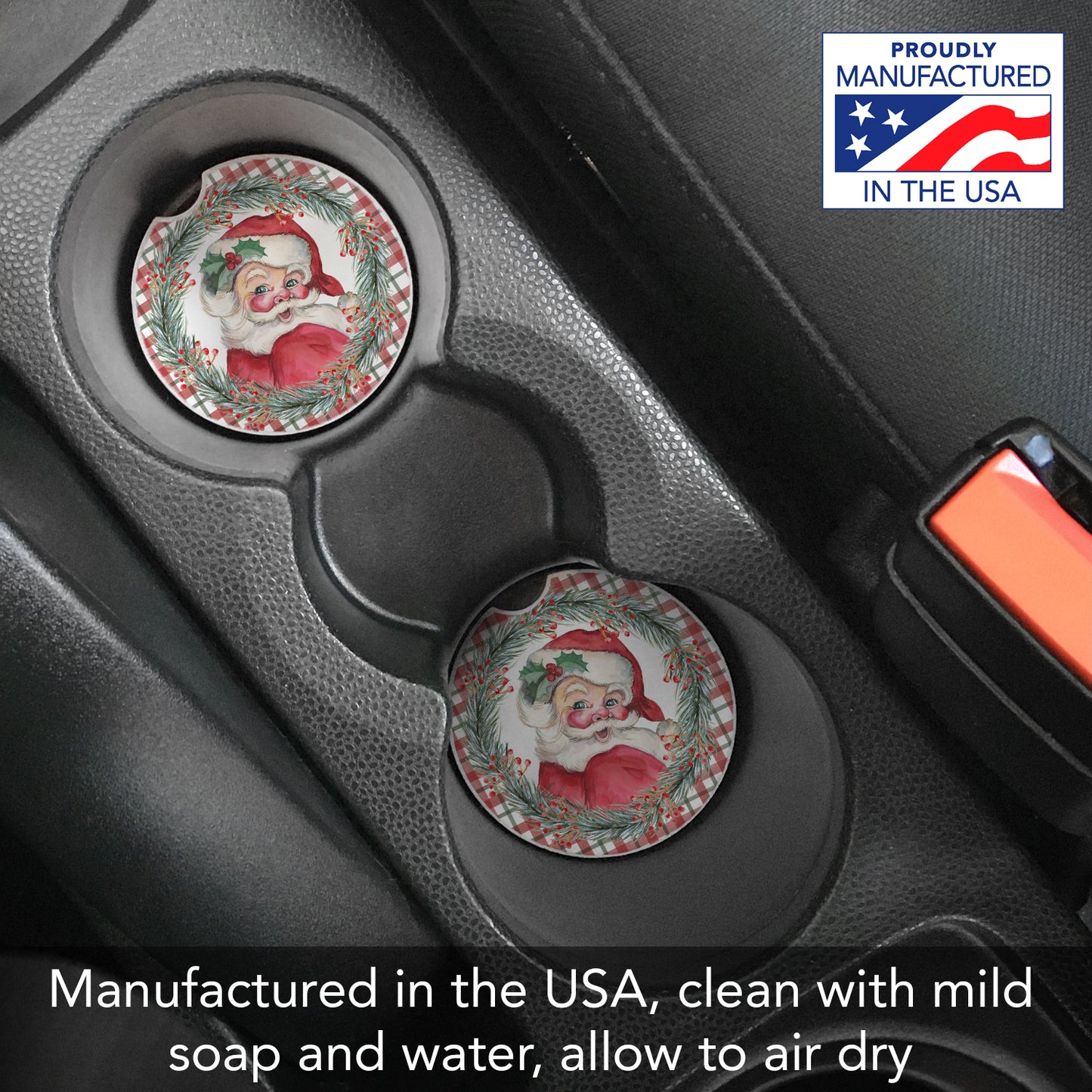 Vintage Santa 2 Pack Absorbent Stone Car Coasters 2.6" Manufactured in the USA