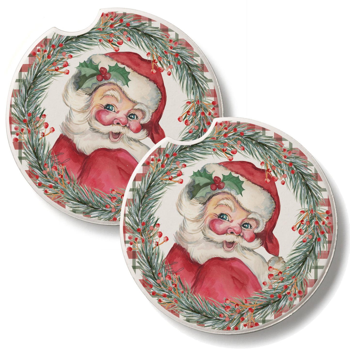 Vintage Santa 2 Pack Absorbent Stone Car Coasters 2.6" Manufactured in the USA