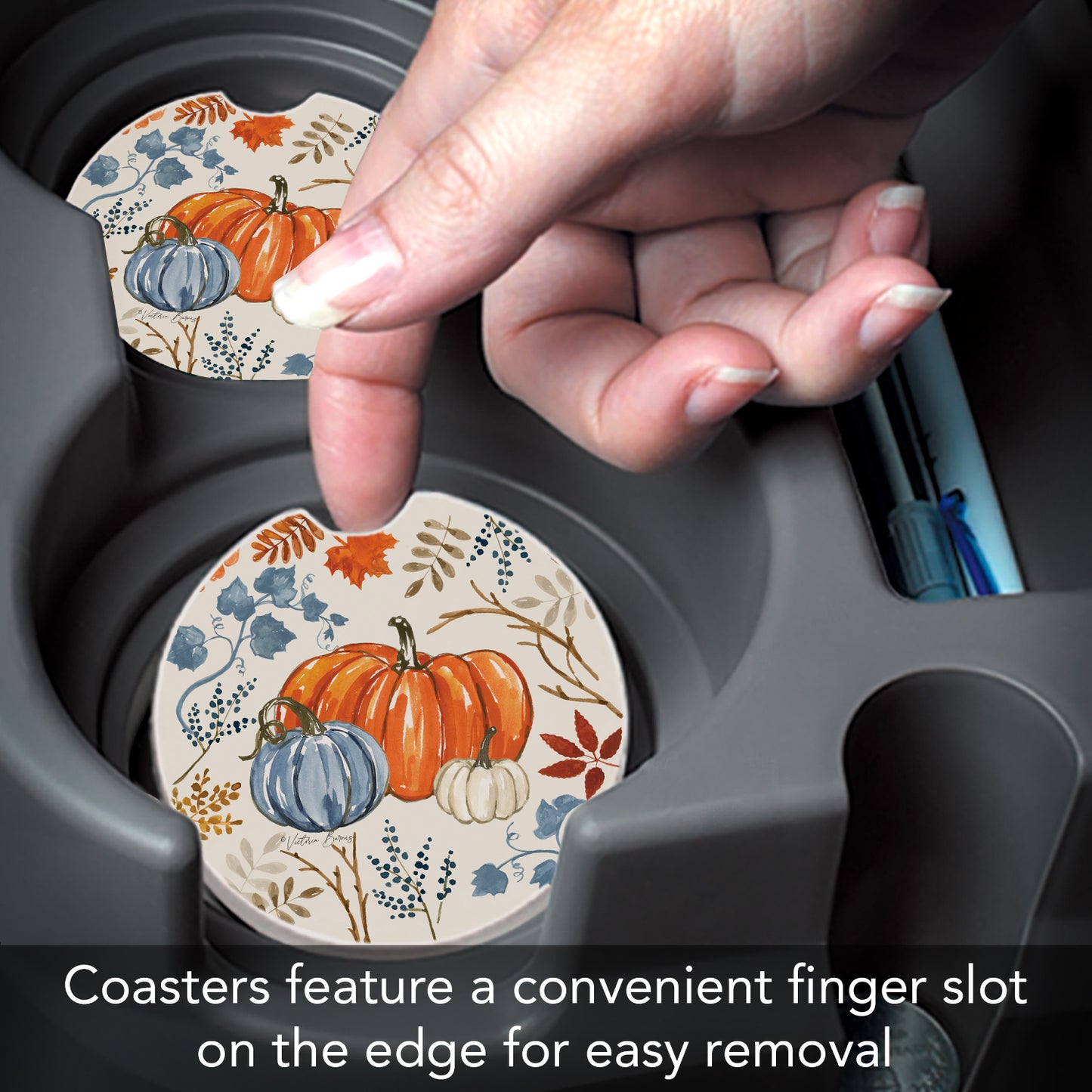 Autumn Pumpkins 2 Pack Absorbent Stone Car Coasters 2.6" Manufactured in the USA