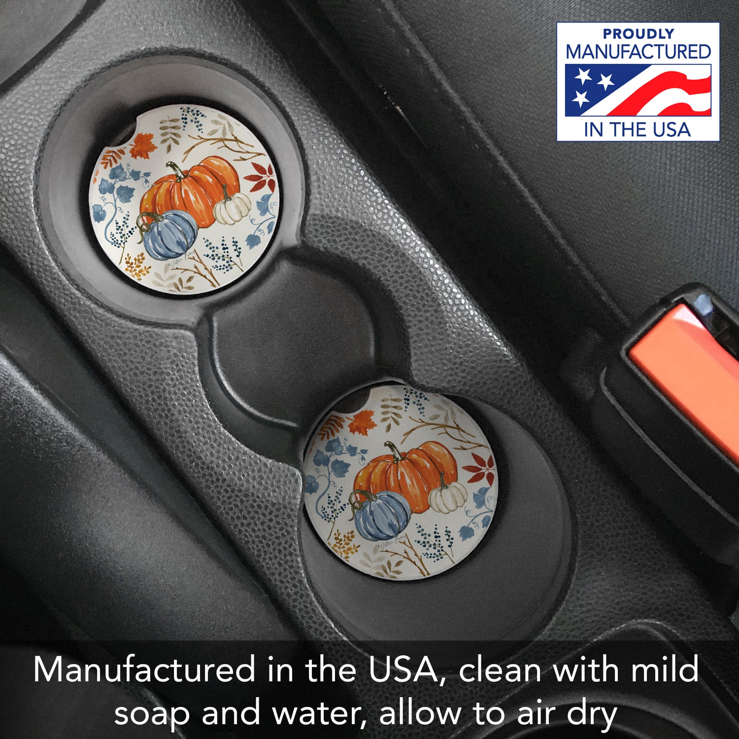 Autumn Pumpkins 2 Pack Absorbent Stone Car Coasters 2.6" Manufactured in the USA