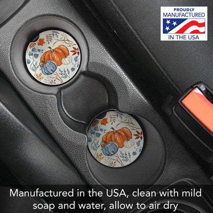 Autumn Pumpkins 2 Pack Absorbent Stone Car Coasters 2.6" Manufactured in the USA