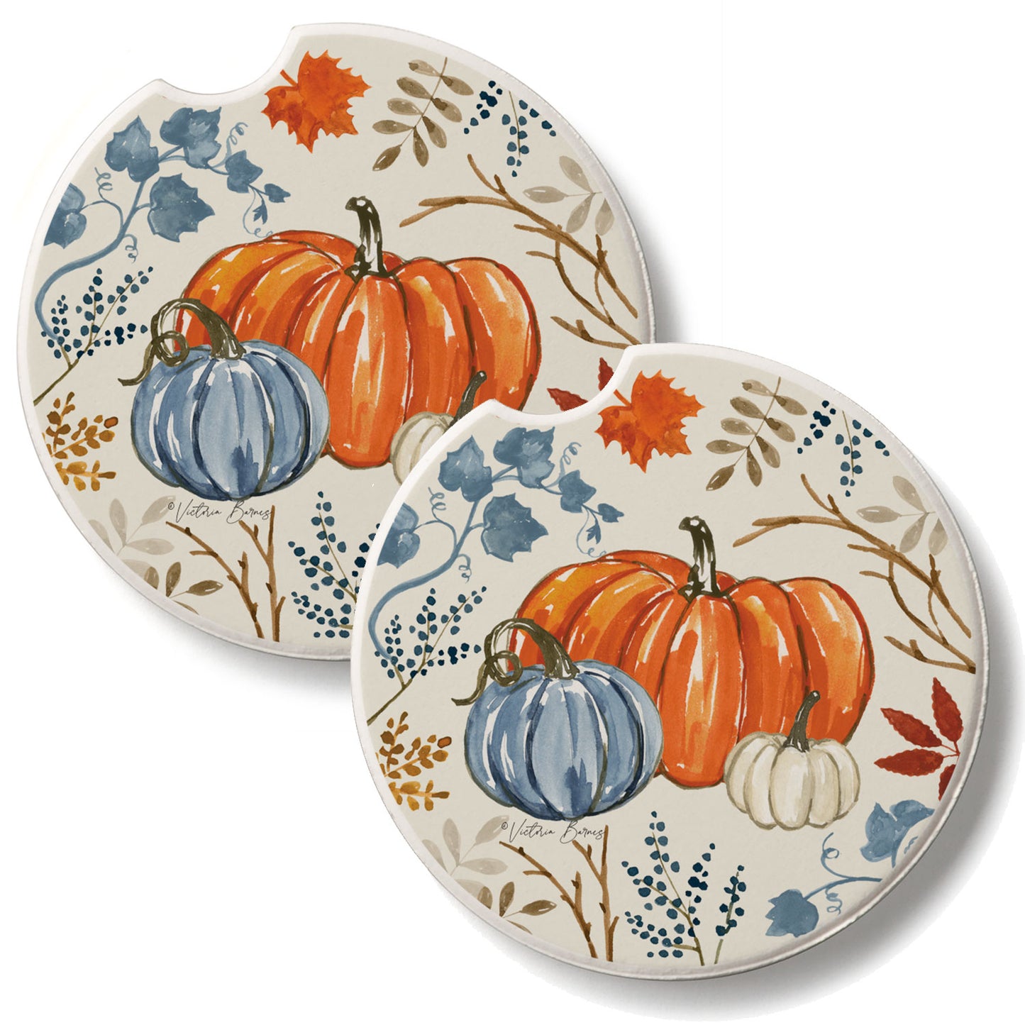 Autumn Pumpkins 2 Pack Absorbent Stone Car Coasters 2.6" Manufactured in the USA