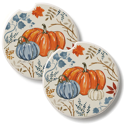 Autumn Pumpkins 2 Pack Absorbent Stone Car Coasters 2.6" Manufactured in the USA