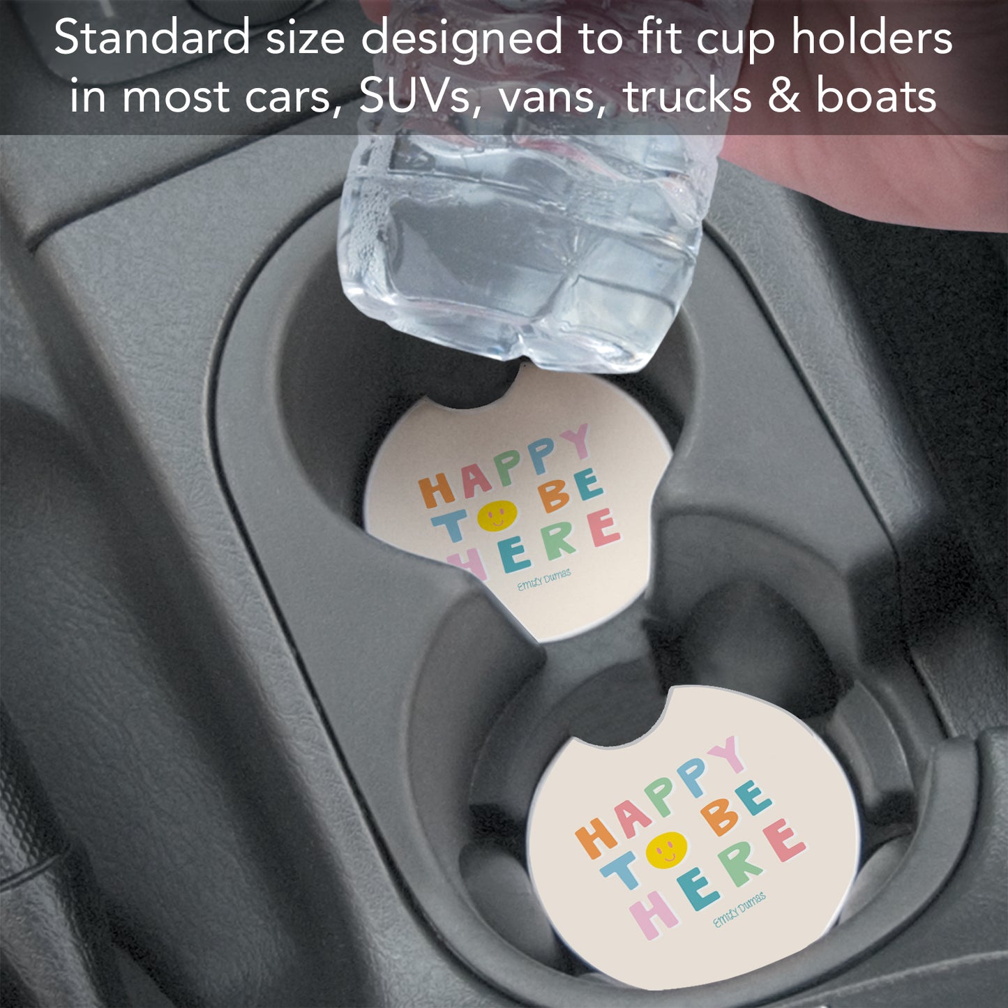 Happy To Be Here 2 Pack Absorbent Stone Car Coasters 2.6" Manufactured in the USA