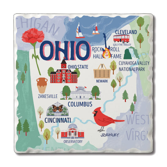 Thirstystone Ohio Attractions 4 Pack Tumbled Tile Stone Coasters 4” Square Manufactured in the USA