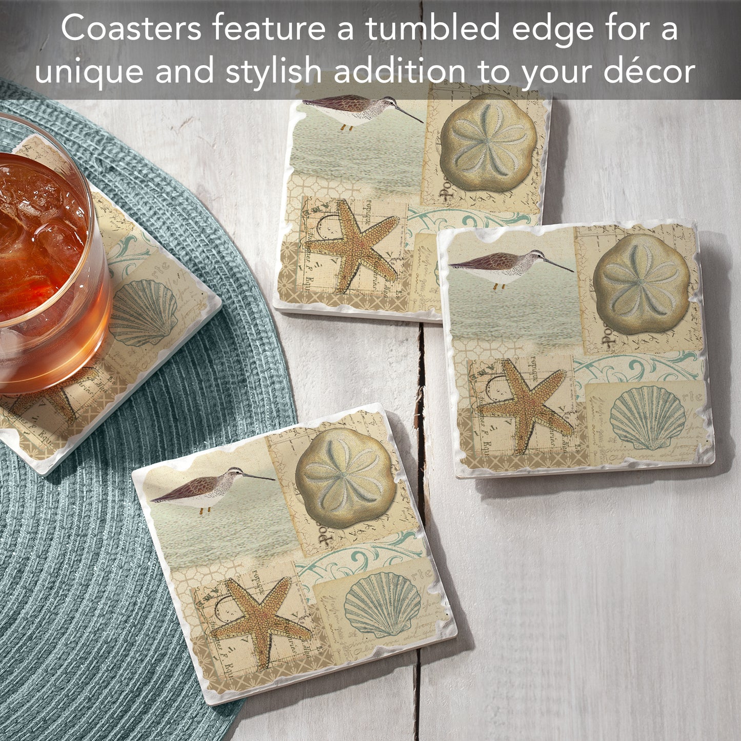 Thirstystone Shell Collage 4 Pack Tumbled Tile Stone Coasters 4" Square Manufactured in the USA