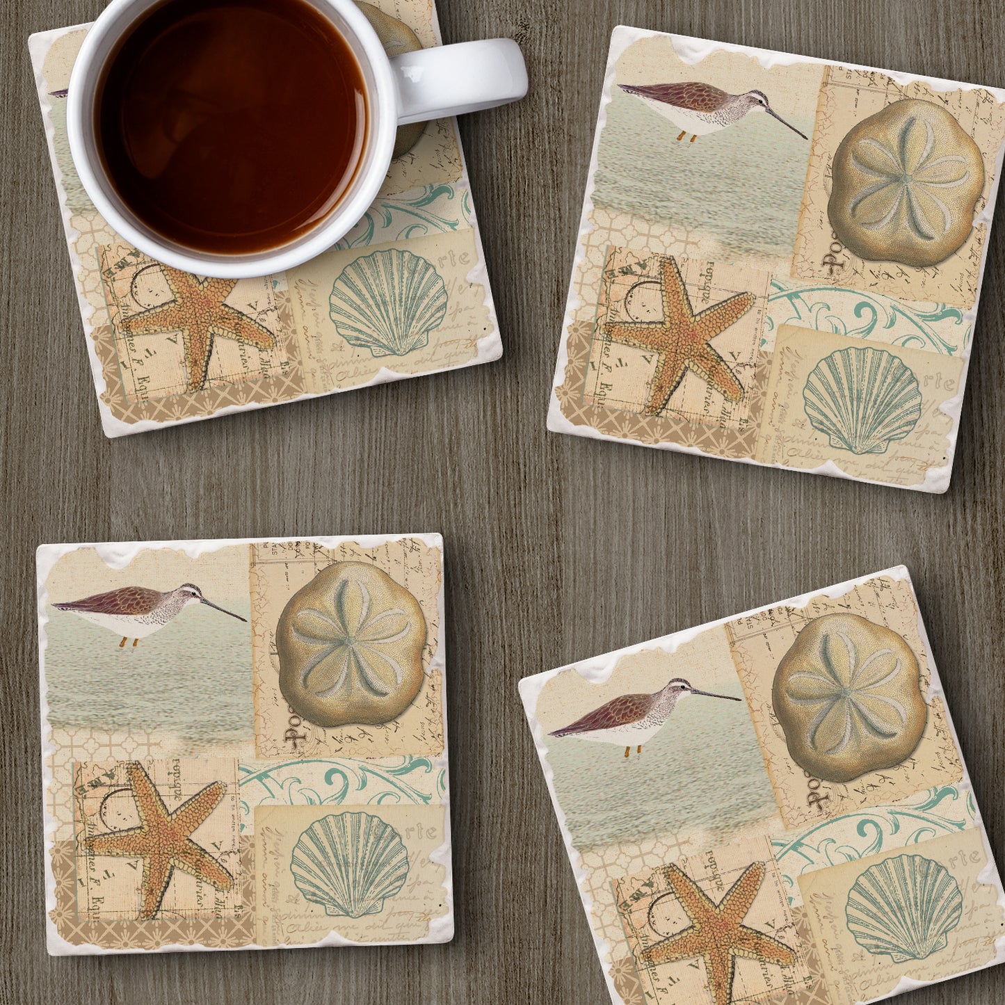 Thirstystone Shell Collage 4 Pack Tumbled Tile Stone Coasters 4" Square Manufactured in the USA