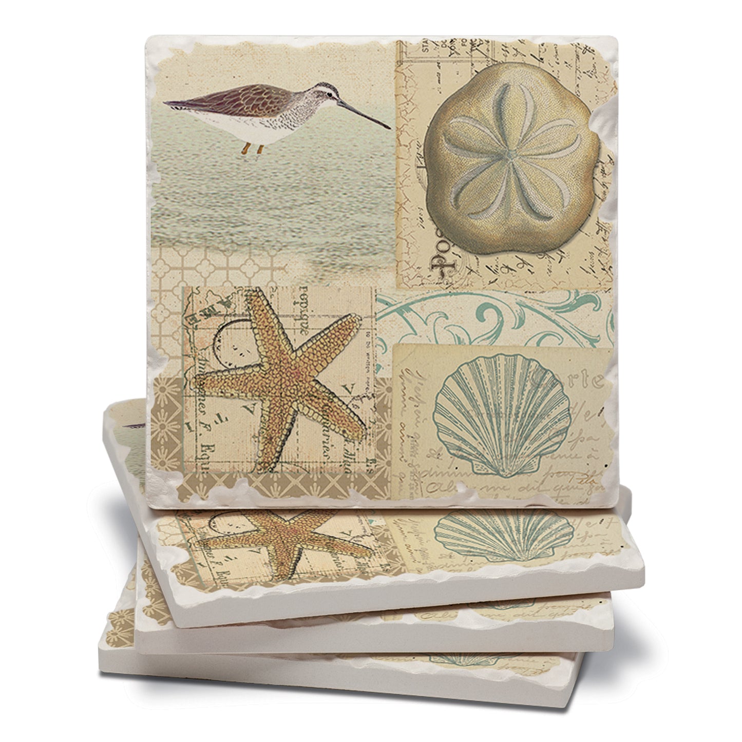 Thirstystone Shell Collage 4 Pack Tumbled Tile Stone Coasters 4" Square Manufactured in the USA
