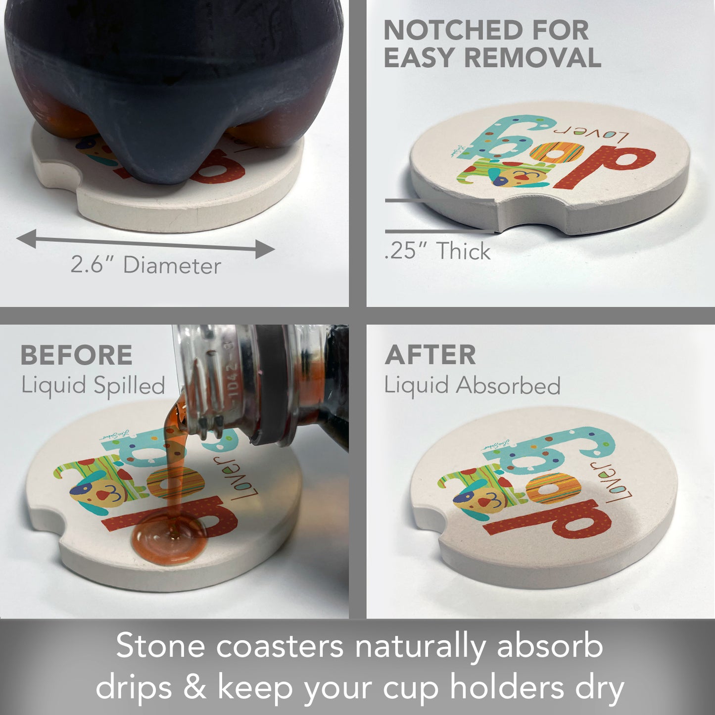 CounterArt Dog Lover Single Absorbnent Stone Coaster for Vehicle Cup Holder 2.6” Diameter Manufactured in The USA