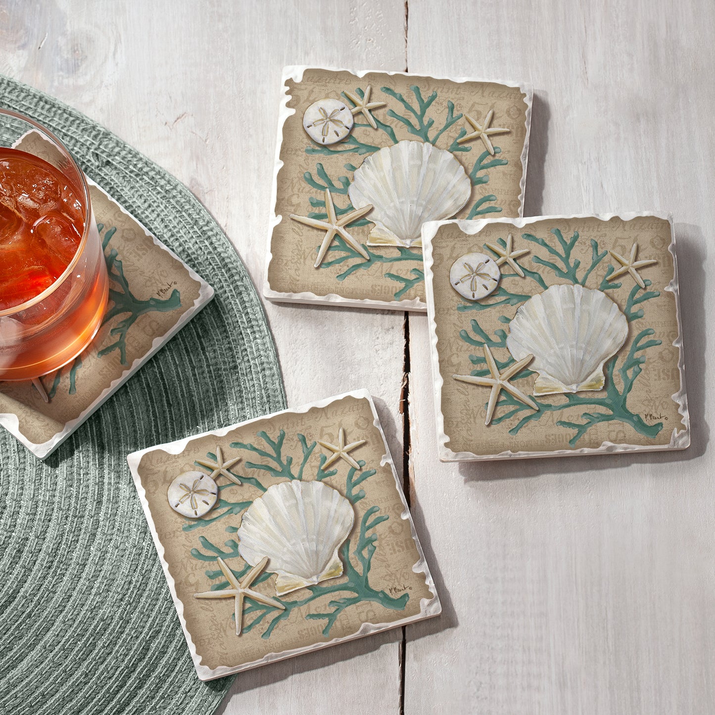 CounterArt Tumbled Tile Coasters, Linen Shells, Set of 4