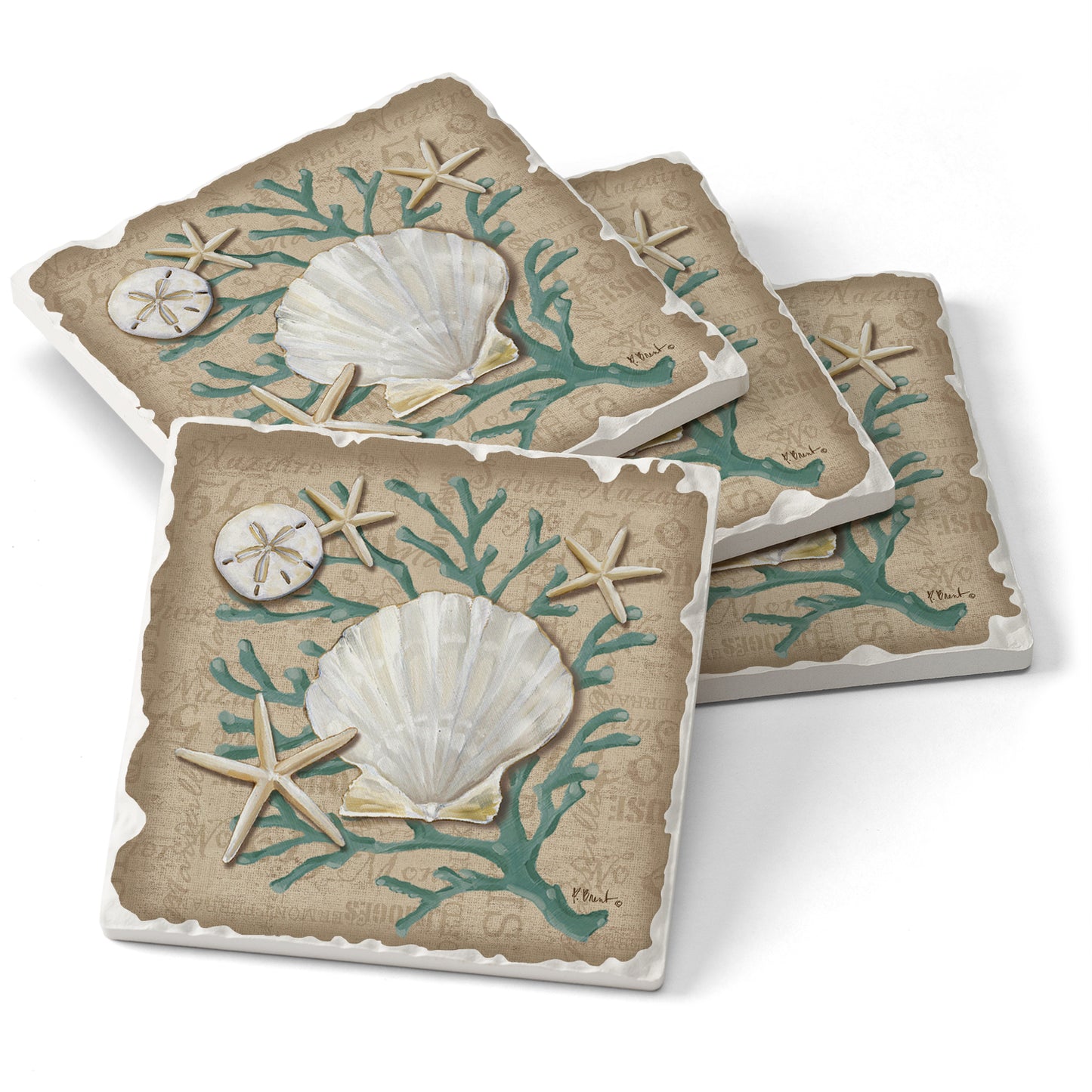 CounterArt Tumbled Tile Coasters, Linen Shells, Set of 4