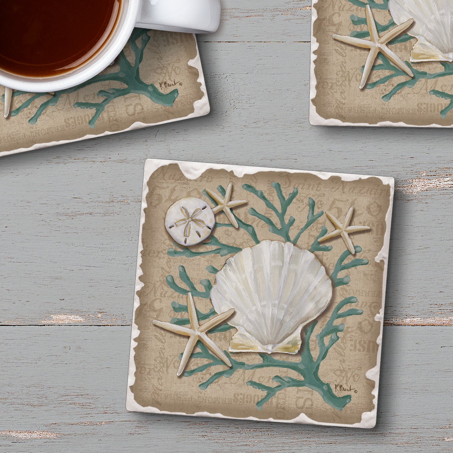 CounterArt Tumbled Tile Coasters, Linen Shells, Set of 4