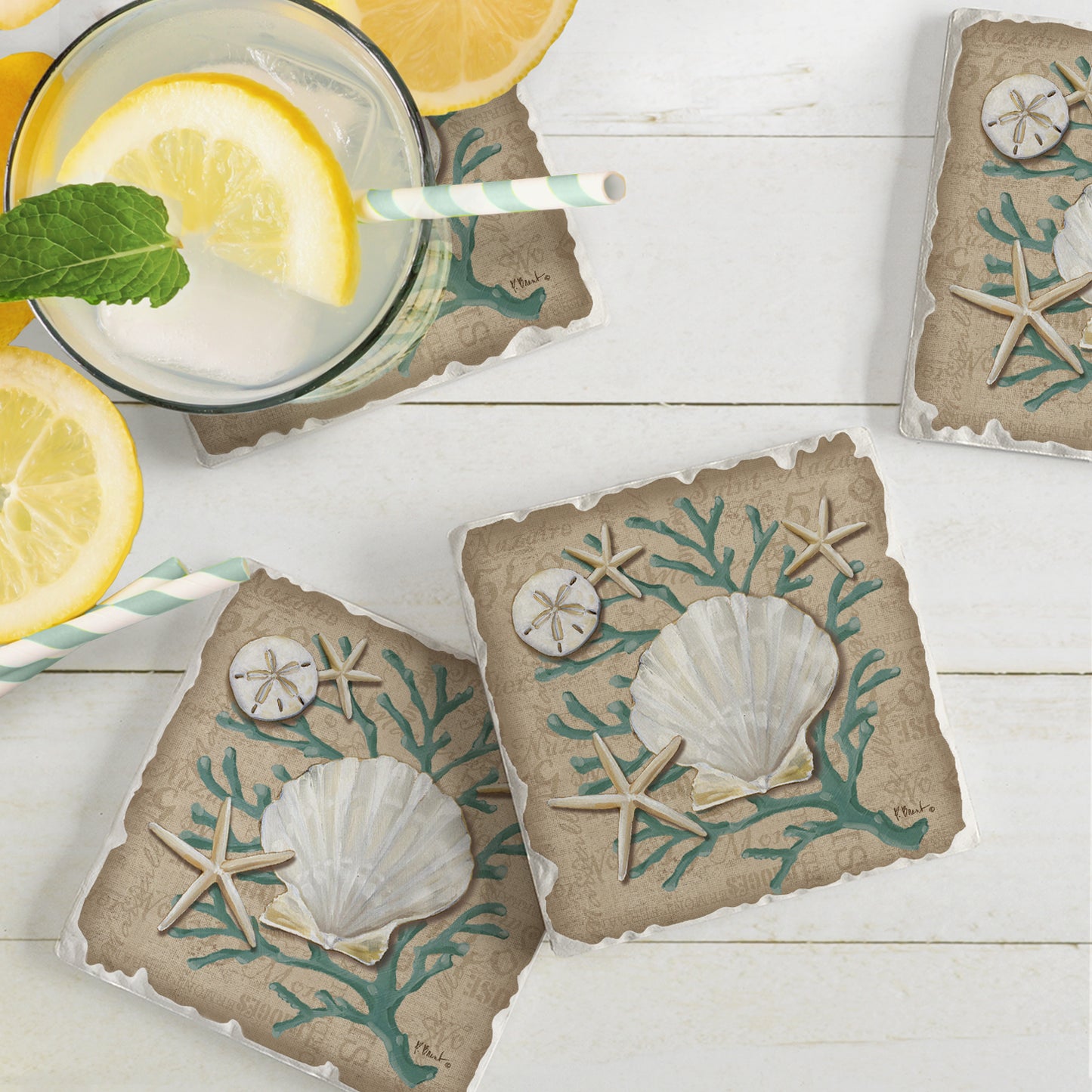 CounterArt Tumbled Tile Coasters, Linen Shells, Set of 4