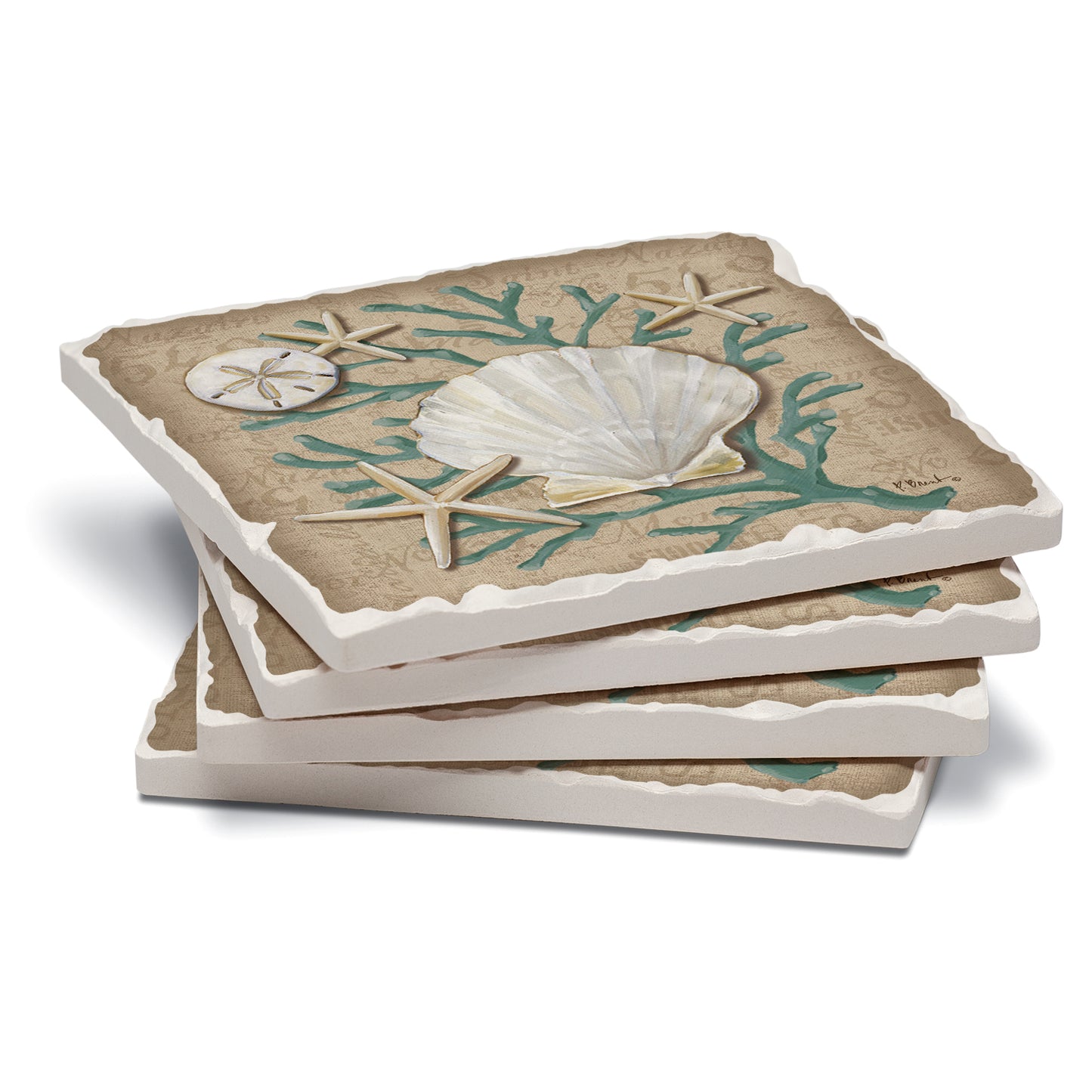 CounterArt Tumbled Tile Coasters, Linen Shells, Set of 4