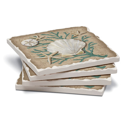 CounterArt Tumbled Tile Coasters, Linen Shells, Set of 4