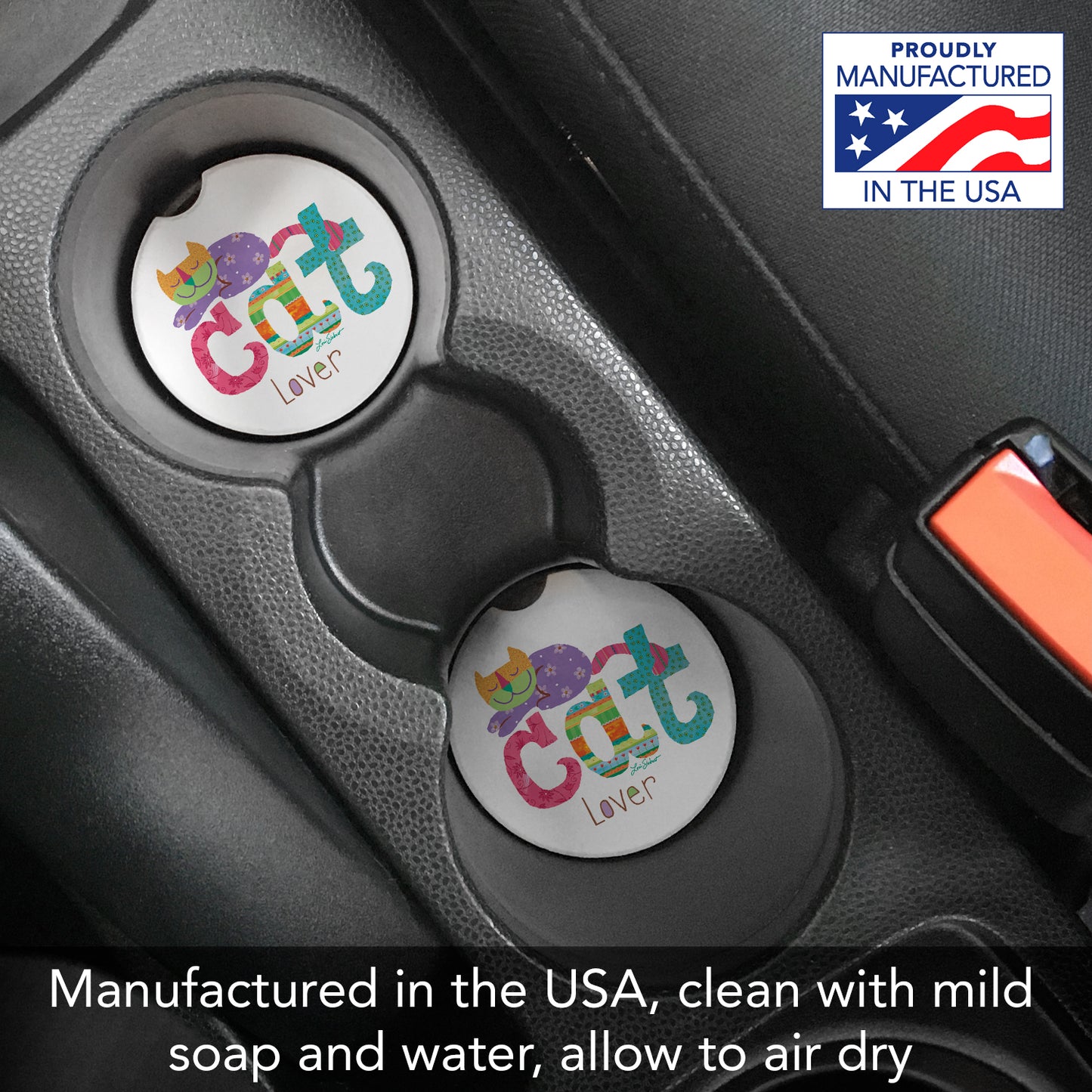 CounterArt Cat Lover Single Absorbnent Stone Coaster for Vehicle Cup Holder 2.6” Diameter Manufactured in The USA