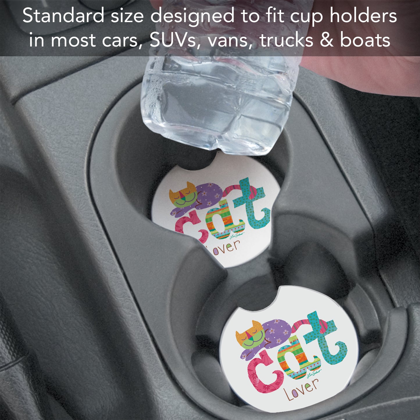 CounterArt Cat Lover Single Absorbnent Stone Coaster for Vehicle Cup Holder 2.6” Diameter Manufactured in The USA