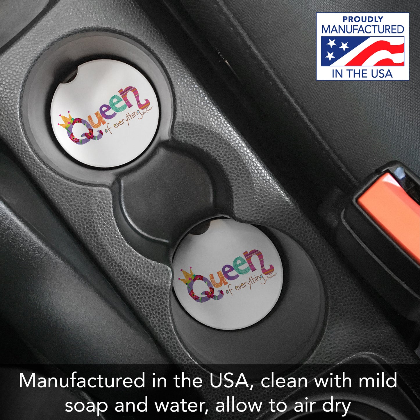 CounterArt Queen of Everything Single Absorbnent Stone Coaster for Vehicle Cup Holder 2.6” Diameter Manufactured in The USA