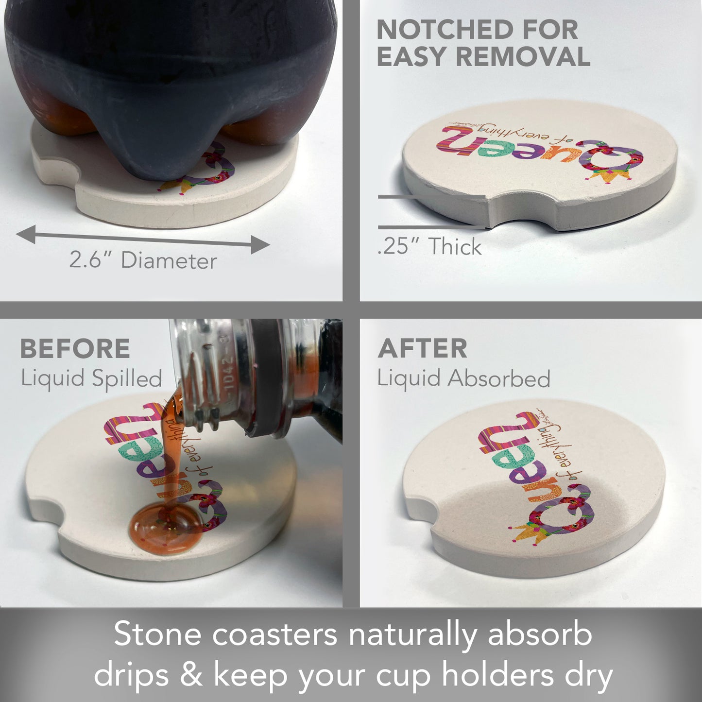 CounterArt Queen of Everything Single Absorbnent Stone Coaster for Vehicle Cup Holder 2.6” Diameter Manufactured in The USA