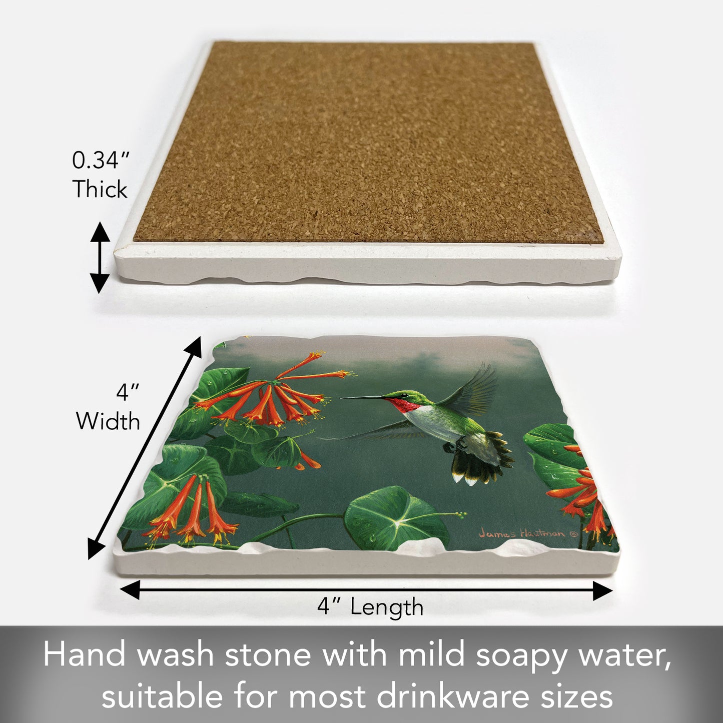 Thirstystone Hovering Hummingbird Single Tumbled Tile Stone Coaster with Protective Cork Backing Manufactured in The USA 4" Square, Artistic, Easily Wipes Clean