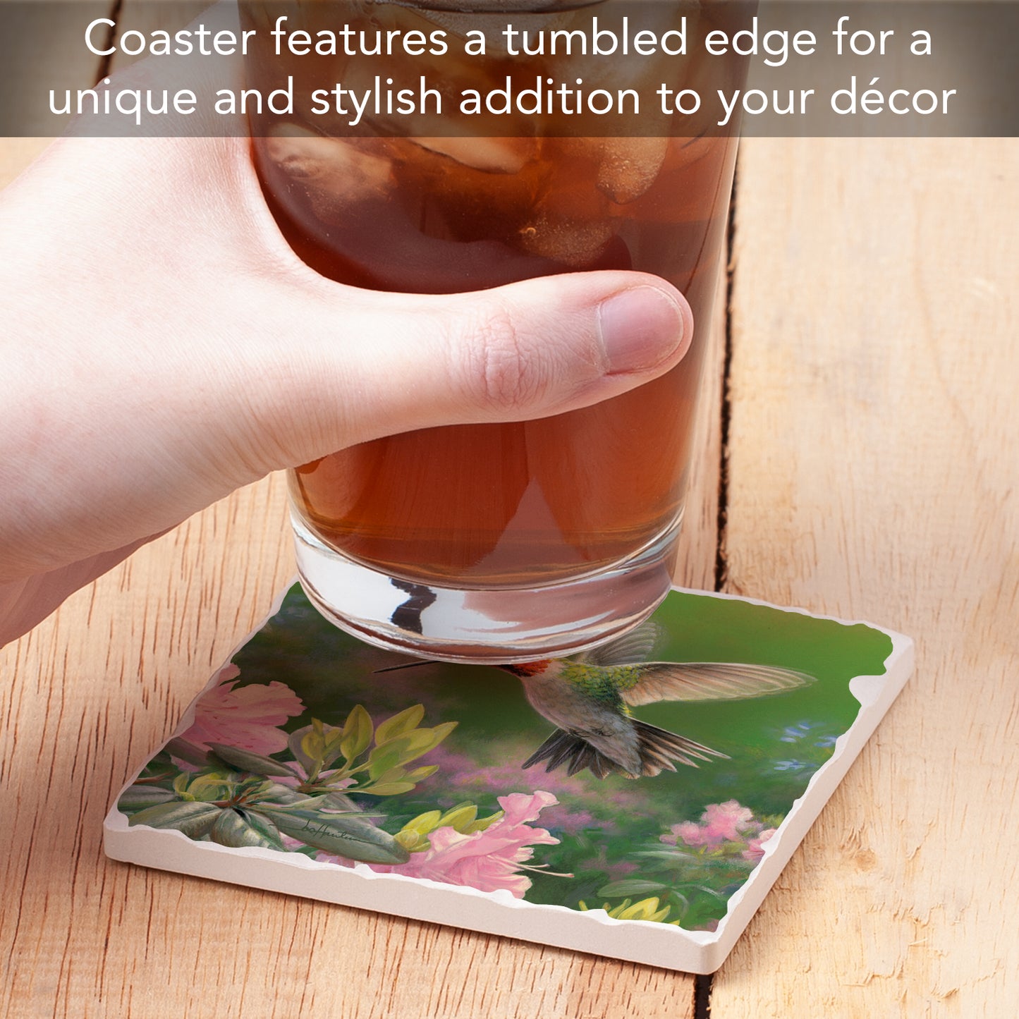 Thirstystone Hummingbird Nectar Single Tumbled Tile Stone Coaster with Protective Cork Backing Manufactured in The USA 4" Square, Artistic, Easily Wipes Clean