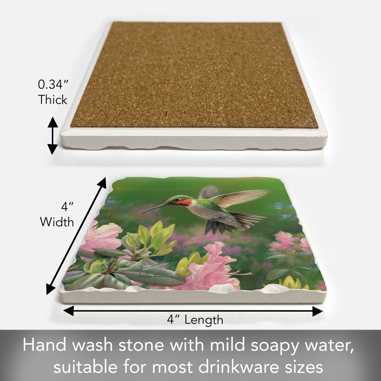 Thirstystone Hummingbird Nectar Single Tumbled Tile Stone Coaster with Protective Cork Backing Manufactured in The USA 4" Square, Artistic, Easily Wipes Clean