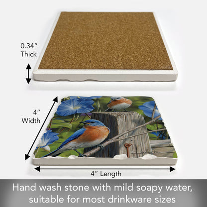 Thirstystone Pair of Bluebirds Single Tumbled Tile Stone Coaster with Protective Cork Backing Manufactured in The USA 4" Square, Artistic, Easily Wipes Clean