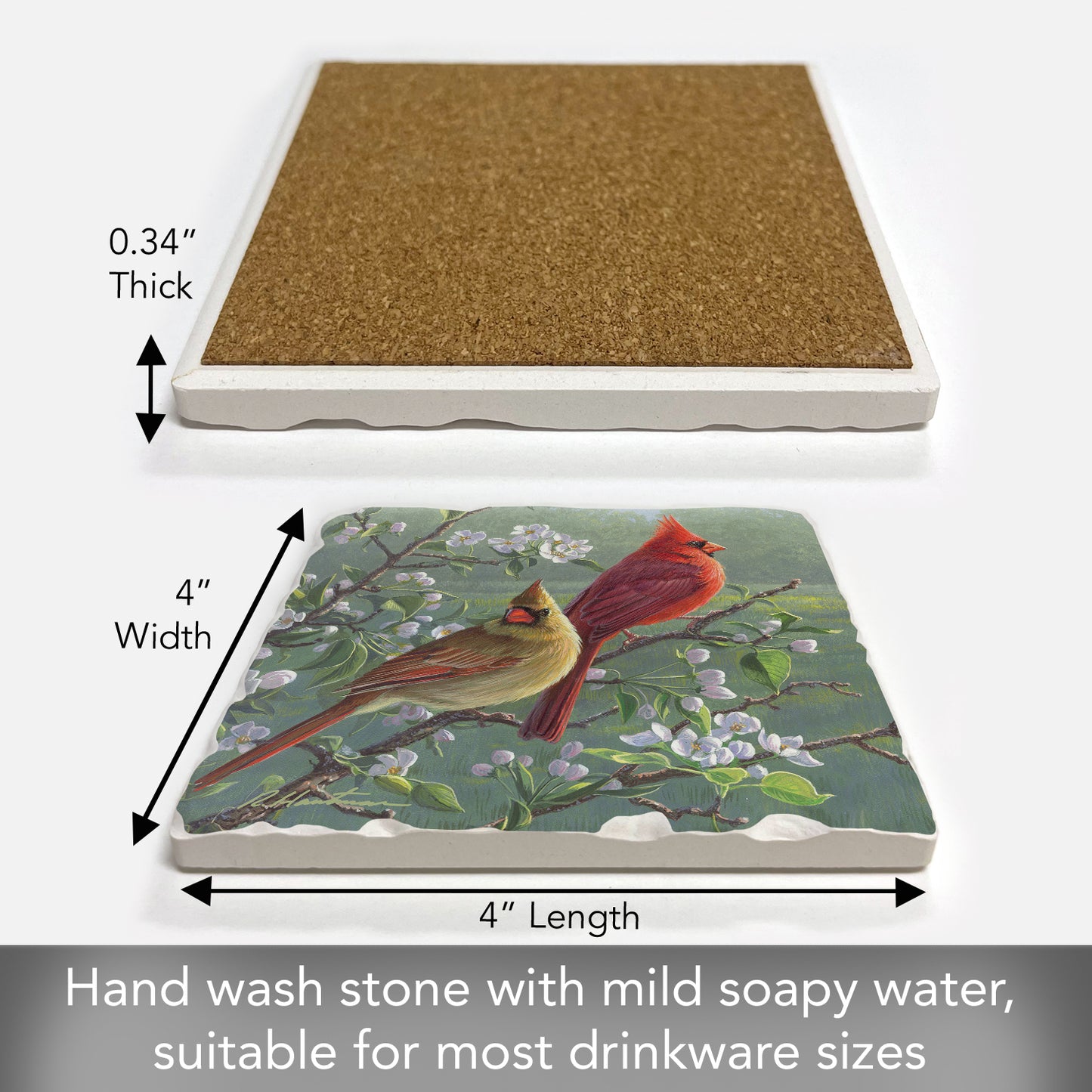 Thirstystone Cardinal Couple Single Tumbled Tile Stone Coaster with Protective Cork Backing Manufactured in The USA 4" Square, Artistic, Easily Wipes Clean