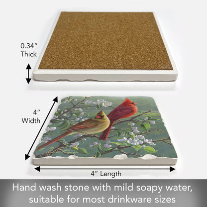 Thirstystone Cardinal Couple Single Tumbled Tile Stone Coaster with Protective Cork Backing Manufactured in The USA 4" Square, Artistic, Easily Wipes Clean