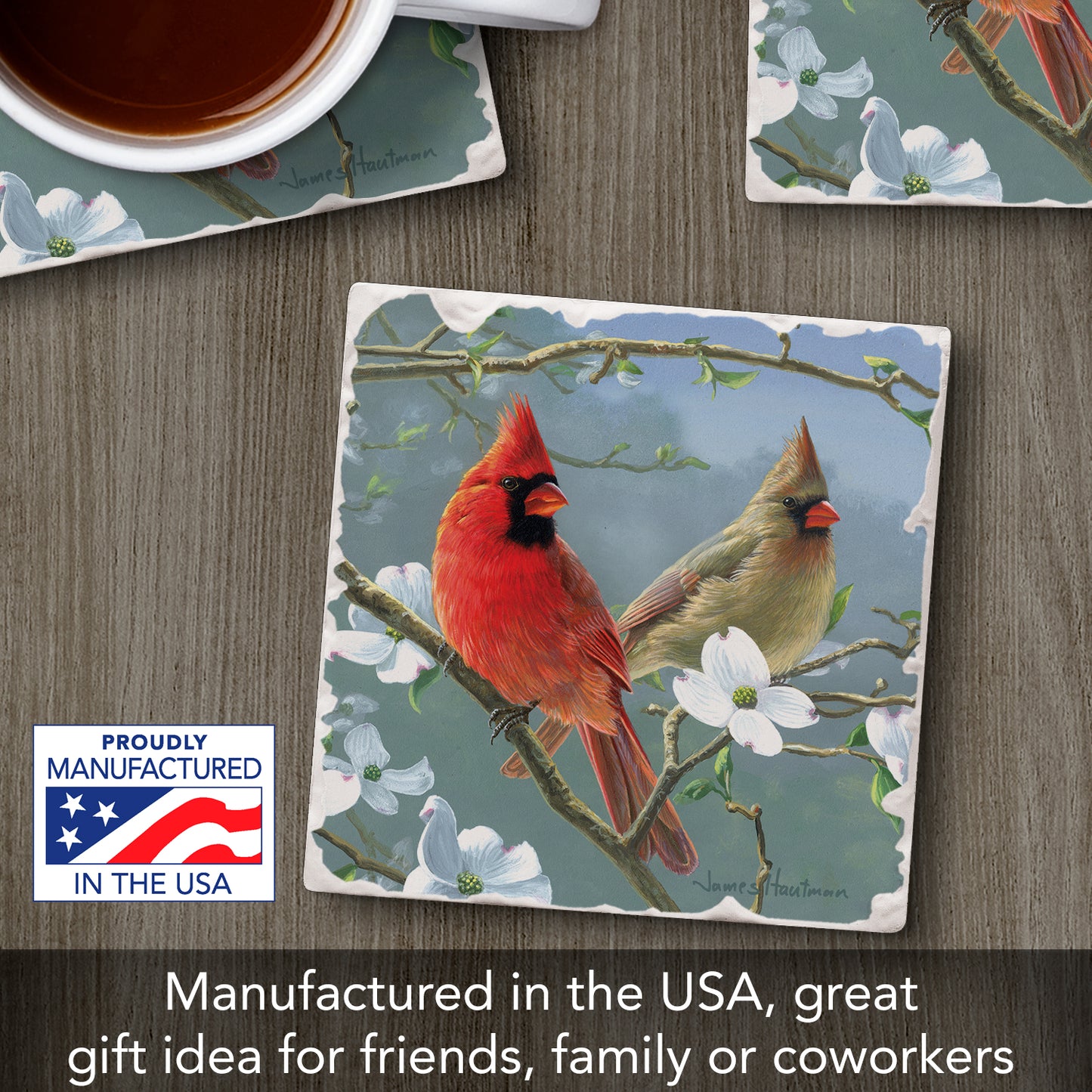 Thirstystone Blooming Cardinals Single Tumbled Tile Stone Coaster with Protective Cork Backing Manufactured in The USA 4" Square, Artistic, Easily Wipes Clean