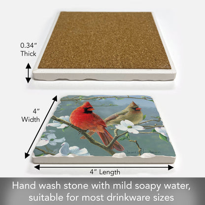 Thirstystone Blooming Cardinals Single Tumbled Tile Stone Coaster with Protective Cork Backing Manufactured in The USA 4" Square, Artistic, Easily Wipes Clean