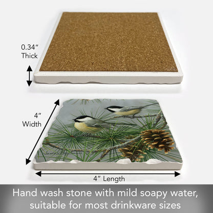 Thirstystone Chickadee Pine Tree Single Tumbled Tile Stone Coaster with Protective Cork Backing Manufactured in The USA 4" Square, Artistic, Easily Wipes Clean