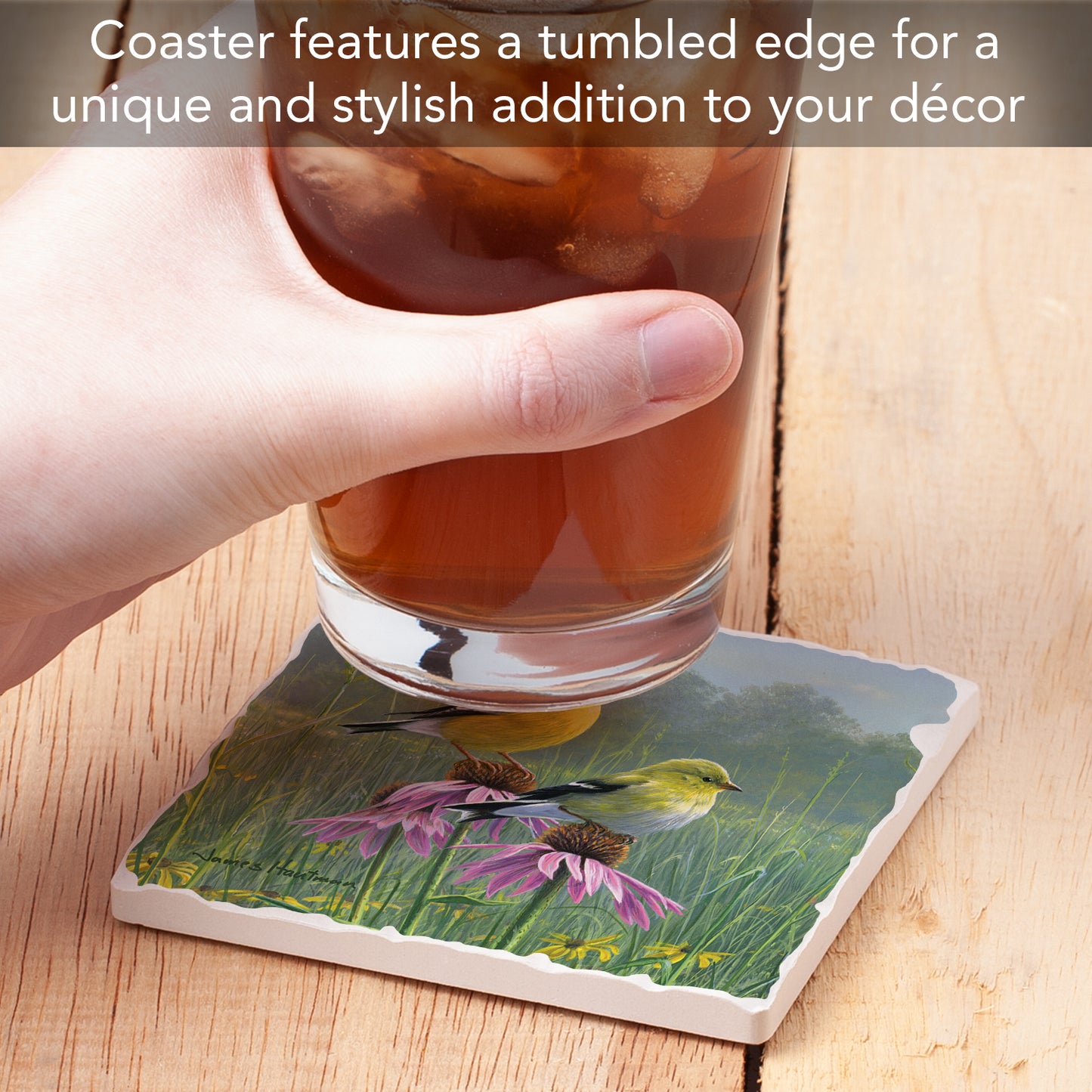 Thirstystone Purple Flower Perch Single Tumbled Tile Stone Coaster with Protective Cork Backing Manufactured in The USA 4" Square, Artistic, Easily Wipes Clean