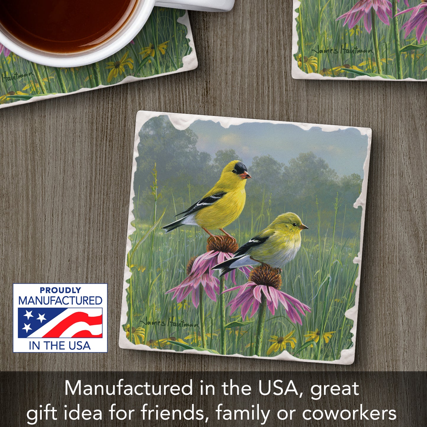 Thirstystone Purple Flower Perch Single Tumbled Tile Stone Coaster with Protective Cork Backing Manufactured in The USA 4" Square, Artistic, Easily Wipes Clean