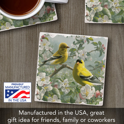 Thirstystone Goldfinches with White Blooms Single Tumbled Tile Stone Coaster with Protective Cork Backing Manufactured in The USA 4" Square, Artistic, Easily Wipes Clean