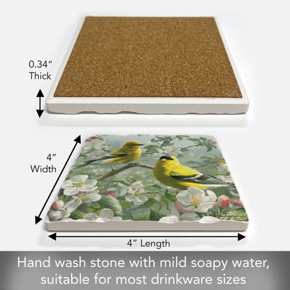 Thirstystone Goldfinches with White Blooms Single Tumbled Tile Stone Coaster with Protective Cork Backing Manufactured in The USA 4" Square, Artistic, Easily Wipes Clean