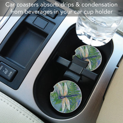 CounterArt Dragonfly Inspiration Single Absorbnent Stone Coaster for Vehicle Cup Holder 2.6” Diameter Manufactured in The USA