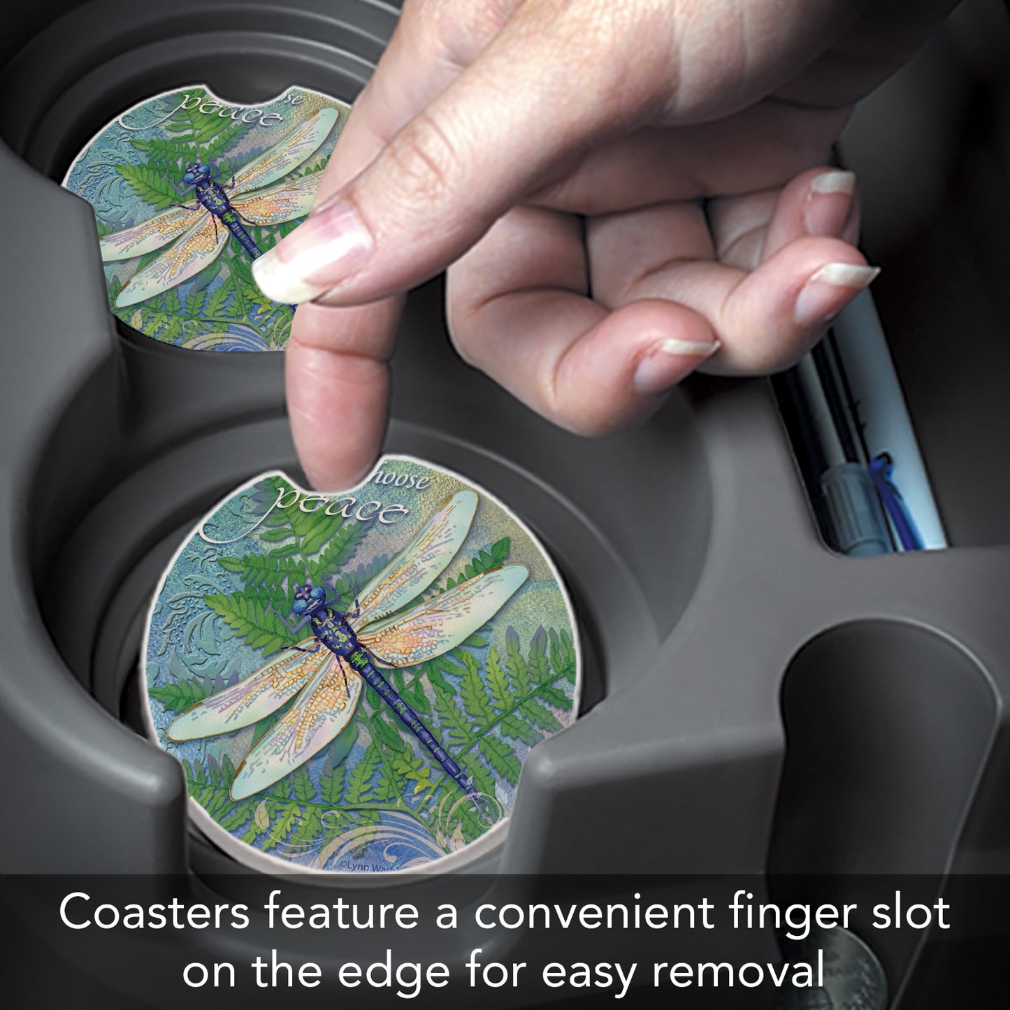 CounterArt Dragonfly Inspiration Single Absorbnent Stone Coaster for Vehicle Cup Holder 2.6” Diameter Manufactured in The USA