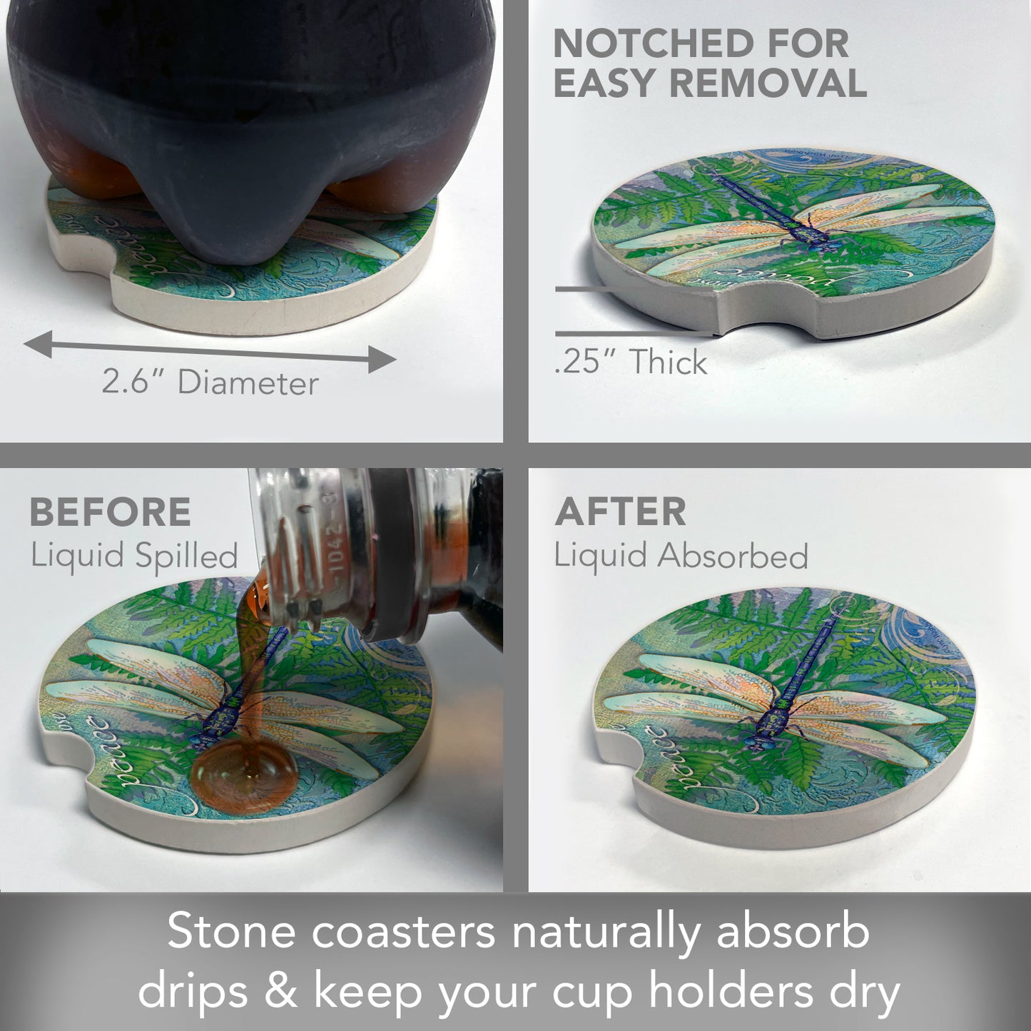 CounterArt Dragonfly Inspiration Single Absorbnent Stone Coaster for Vehicle Cup Holder 2.6” Diameter Manufactured in The USA