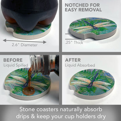 CounterArt Dragonfly Inspiration Single Absorbnent Stone Coaster for Vehicle Cup Holder 2.6” Diameter Manufactured in The USA