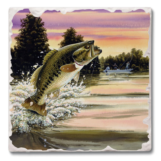 Thirstystone Bass Attack Single Tumbled Tile Stone Coaster with Protective Cork Backing Manufactured in The USA 4" Square