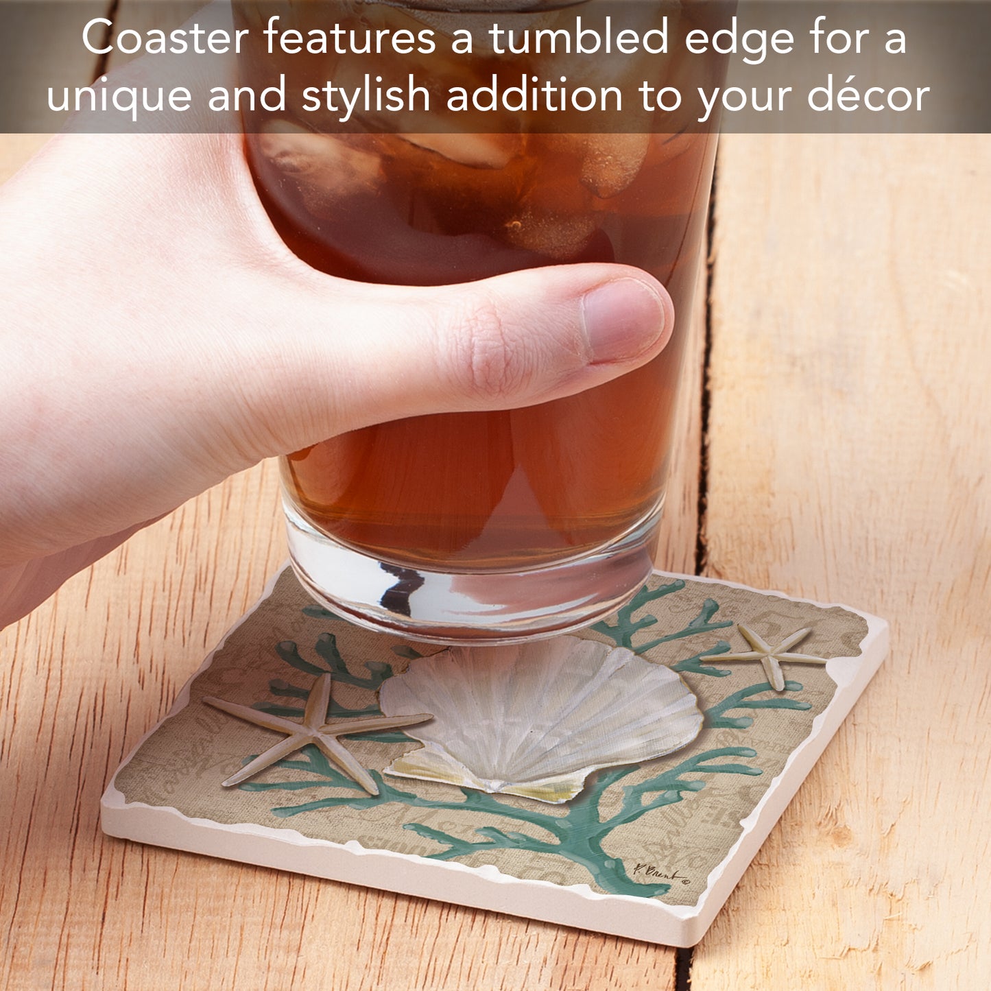 Thirstystone Linen Shells Single Tumbled Tile Stone Coaster with Protective Cork Backing Manufactured in The USA 4" Square, Colorful, Artistiic, Easily Wipes Clean