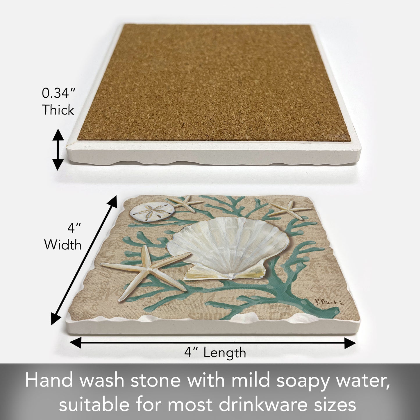 Thirstystone Linen Shells Single Tumbled Tile Stone Coaster with Protective Cork Backing Manufactured in The USA 4" Square, Colorful, Artistiic, Easily Wipes Clean