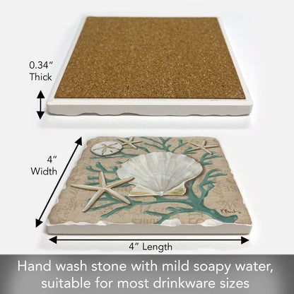 Thirstystone Linen Shells Single Tumbled Tile Stone Coaster with Protective Cork Backing Manufactured in The USA 4" Square, Colorful, Artistiic, Easily Wipes Clean