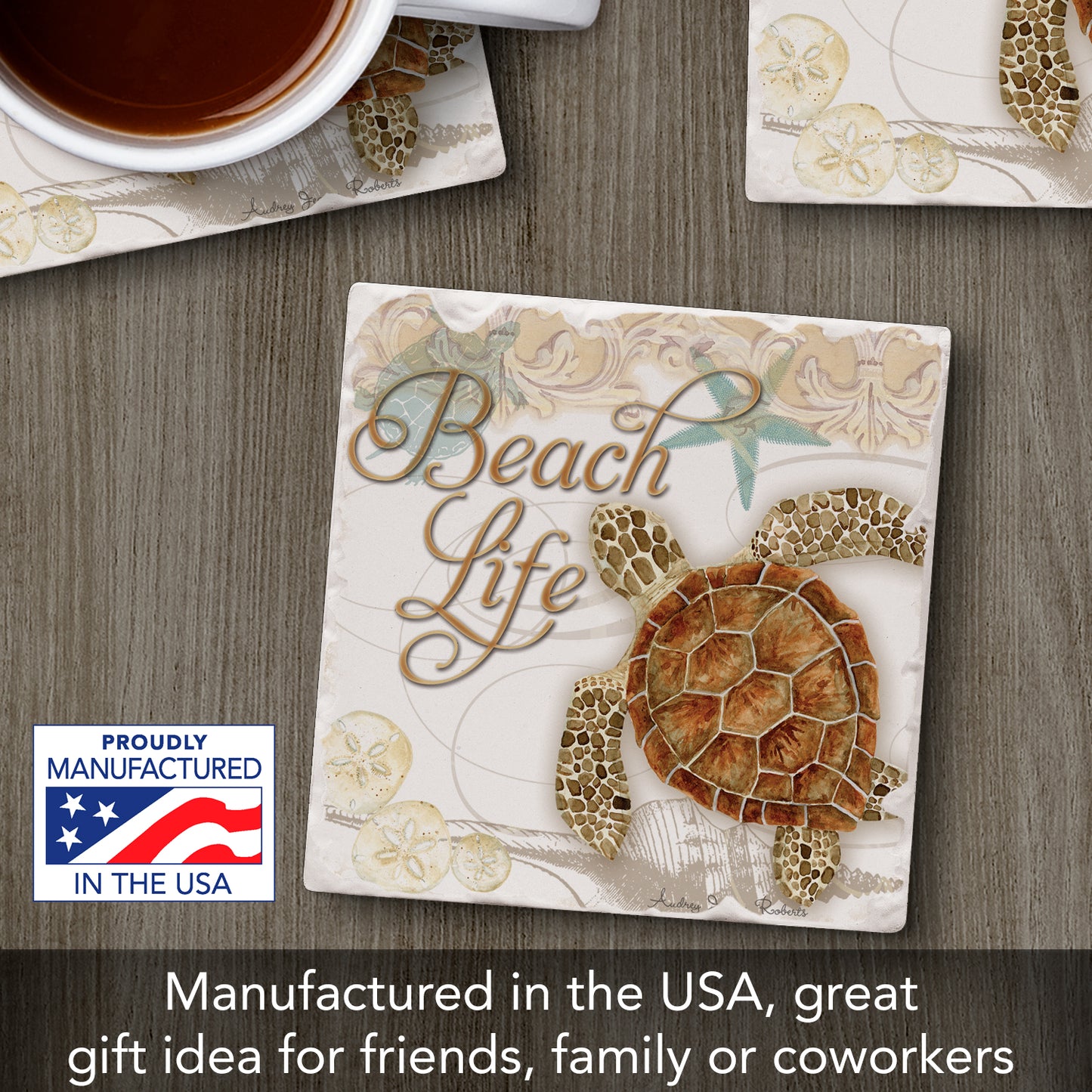 Thirstystone Beach Life Turtle Single Tumbled Tile Stone Coaster with Protective Cork Backing Manufactured in The USA 4" Square, Colorful, Artistiic, Easily Wipes Clean